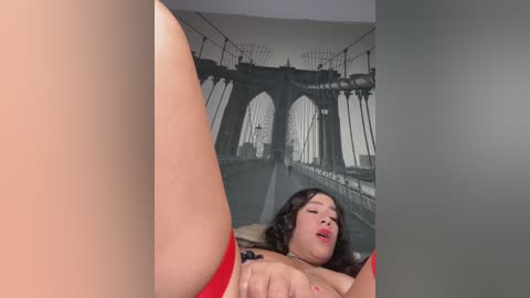 Media: Video of a woman with long dark hair, lying on her back with legs spread, wearing red lingerie, against a backdrop of a New York City bridge mural.