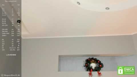 Media: A video of a modern living room ceiling with recessed lighting and a minimalist design. A Christmas wreath adorned with red and gold ornaments hangs below a white, curved ceiling.