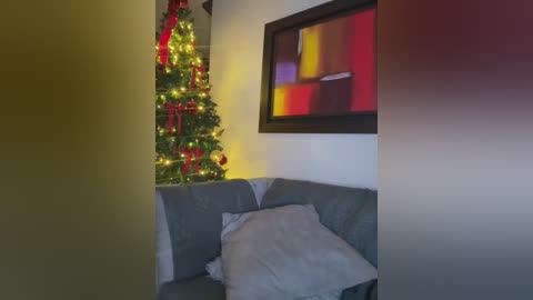 Media: A video of a cozy living room with a decorated Christmas tree against a white wall, a gray sofa, and a framed abstract painting.