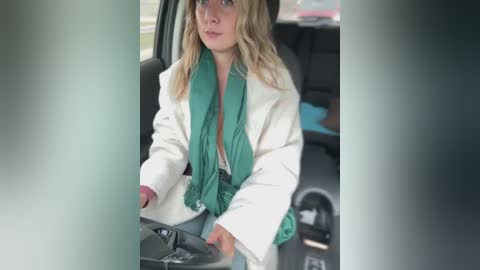 Media: A video of a blonde woman in a white blazer and teal scarf, driving a car with a black steering wheel.