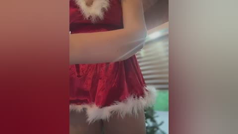 Media: Video of a person in a red velvet, fur-trimmed mini dress, standing indoors with a blurred background of greenery and a window.