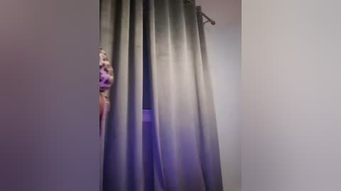 Media: A video of a room with grey curtains partially drawn, revealing a purple bedspread and a glimpse of a person in the background. The lighting is soft, creating a calm ambiance.