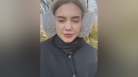 Media: Video of a young woman with light skin and straight blonde hair, wearing a black coat with white fur-trimmed earmuffs, standing outdoors against a blurred background of trees and greenery.