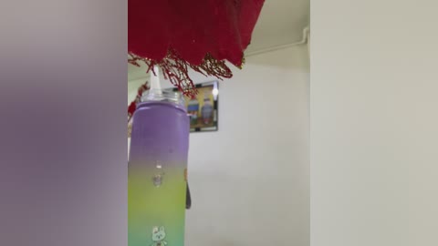 Video of a colorful plastic container with a red, frayed cloth top, hanging in a white-walled room with a framed picture in the background.