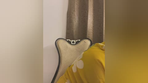 Media: Video of a decorative heart-shaped pillow with a gold design on a beige cushion against a beige curtain, with a yellow and white polka-dotted dress partially visible.