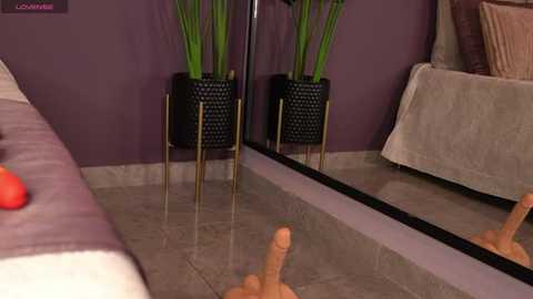 Media: Video of a modern bedroom with a black and gold plant stand, tall green plants, a beige couch, and a mirror reflecting a person's hand pointing towards the mirror.