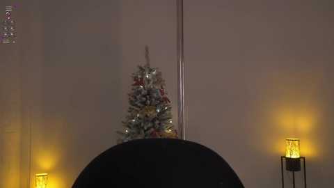 Media: A video of a dimly lit room with a small, decorated Christmas tree in the center, surrounded by two glowing yellow candle holders.