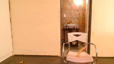 Media: A video of a minimalist, beige-walled bathroom with a white chair featuring a realistic, flesh-toned dildo on a pink cushion. A small sink and mirror are visible through an open doorway, revealing a rustic, stone-tiled wall.