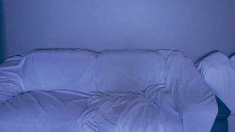 Media: A video of a bed with rumpled white sheets and a pillow, set against a plain, light blue wall, giving a dim, slightly blurry, and eerie ambiance.