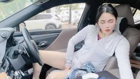 Media: Video of a young woman, with pale skin and dark hair, wearing a light gray shirt and blue jeans, reclining in a car seat, legs spread, masturbating.