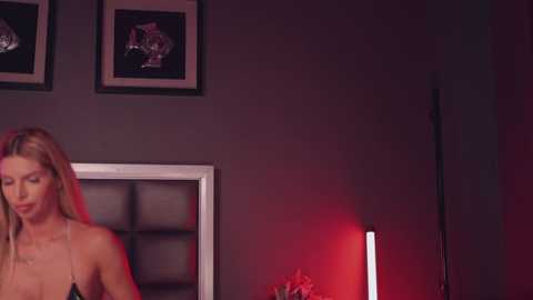 Media: Video of a blonde woman in a black bra, standing in a dimly lit room with dark walls, red lighting, and modern art on the wall.