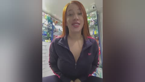 Video of a smiling woman with long, straight red hair, wearing a navy zip-up jacket with red trim and a low-cut neckline, sitting in a brightly lit pharmacy aisle filled with colorful medicine boxes.