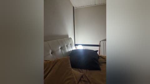 Media: A video of a minimalist bedroom with beige walls and a tufted, white leather headboard. The bed is covered with a beige duvet and a black pillow. The room has a small window with blinds partially open, allowing light to filter in.