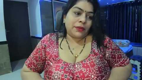 Media: A video of a plus-sized woman with dark skin and long black hair, wearing a red patterned blouse, standing indoors.