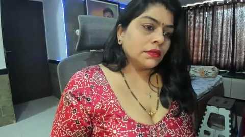 Media: Video of a middle-aged Indian woman with dark hair, wearing a red patterned blouse, in a cluttered room with a TV, sofa, and curtain.