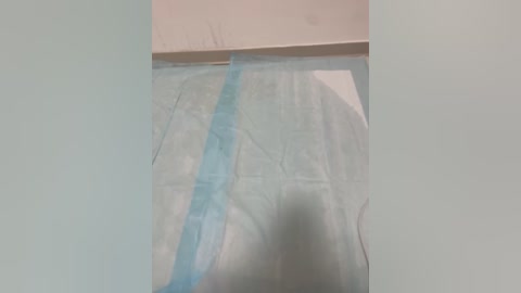 Media: A video of a white, plastic, disposable bed sheet with a blue tape running vertically down the center, covering a beige mattress. The image is cropped and the background is plain white, emphasizing the sheet and tape.