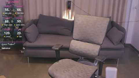 Media: Video of a modern living room with a gray sofa, a recliner chair, and a white lamp. The room's temperature is 66 degrees Fahrenheit, displayed digitally on the left side of the image.