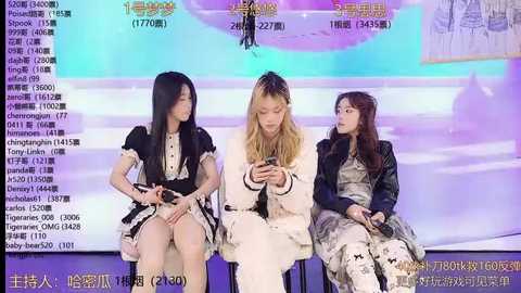 Media: Video of three Asian women seated on a stage, each in unique, elaborate, and colorful outfits, with a digital backdrop displaying statistics and text.