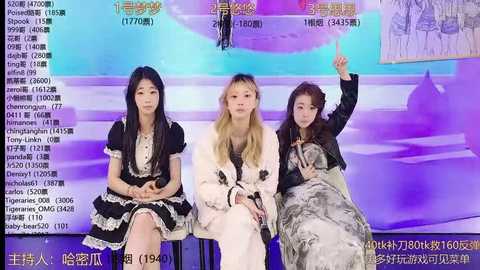 Media: Video of three young Asian women, dressed in elegant black and white gothic-inspired dresses, seated on a stage with a colorful background.