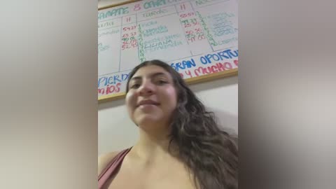 Media: A video of a young woman with long brown hair, wearing a pink top, standing in front of a chalkboard with schedules and notices in a classroom.