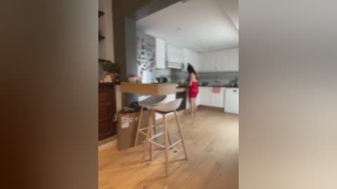 Media: A blurred video of a modern kitchen with light wood floors, white cabinets, and a woman in a red dress standing by the counter.