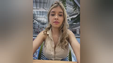 Video of a young Caucasian woman with long, wavy blonde hair, wearing a beige sleeveless top, sitting by an indoor swimming pool. The background features a modern indoor swimming complex with glass walls and colorful murals.