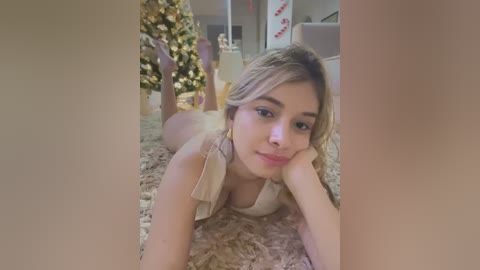 A video of a young woman with light skin and blonde hair, lying on a beige carpet in a cozy, festive room with a decorated Christmas tree.