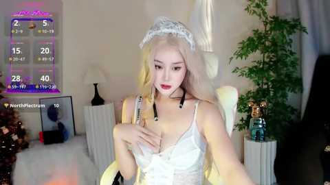 Media: Video of a pale-skinned, blonde woman with long hair, wearing a white lace lingerie top, sitting on a white chair in a dimly-lit room with a calendar and plants in the background.