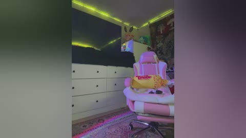 Media: A dimly-lit bedroom with a plush pink gaming chair, a white dresser, a Pikachu plush, and neon green LED strip lighting.