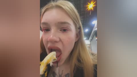 Media: Video of a young woman with long blonde hair, fair skin, and pink eyeshadow, licking a banana with chocolate sauce, in a dimly lit indoor setting.