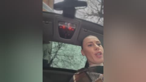 Video of a woman with brown hair in a car, looking shocked or surprised, with a red brake light visible in the background.