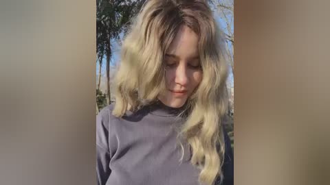 Media: Video of a young woman with long, wavy blonde hair, wearing a grey sweater, standing outdoors under natural light, with blurred greenery in the background.