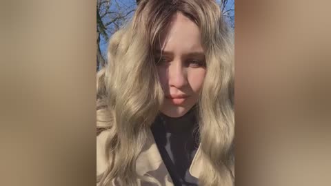 Media: Video of a young woman with long, wavy, blonde hair, fair skin, and light makeup, wearing a beige jacket over a black shirt, standing outdoors with blurred tree branches in the background.