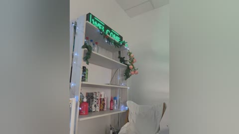 Media: A video of a modern, minimalist bedroom with a white wooden bookshelf adorned with green fairy lights, pink flowers, and a \"Live Cam\" neon sign.