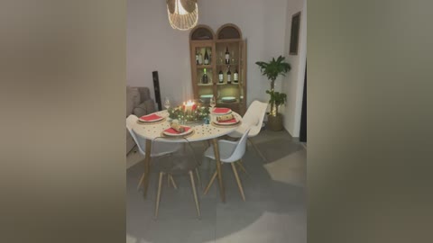 Media: A video of a modern dining room with a round table, white chairs, and wooden legs, set for a festive dinner. A wooden cabinet, green plants, and a cozy fireplace are in the background.