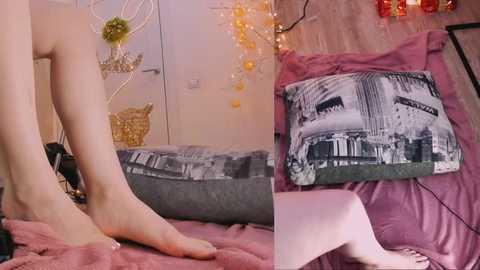 Media: Video showing a woman's bare legs on a bed with a gray pillowcase and a black-and-white pillow featuring an architectural scene. The background features a wall with fairy lights and a wicker basket.