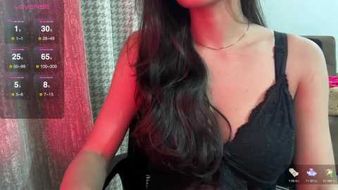 Media: Video of a woman with long, wavy black hair and fair skin, wearing a black lace bralette. The background features a textured curtain and a blurred indoor setting.