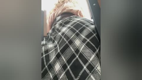 Media: A video of a person with light skin, wearing a pink shirt, leaning over a black and white plaid skirt, taken from a low angle. The background is blurred, with a hint of greenery.