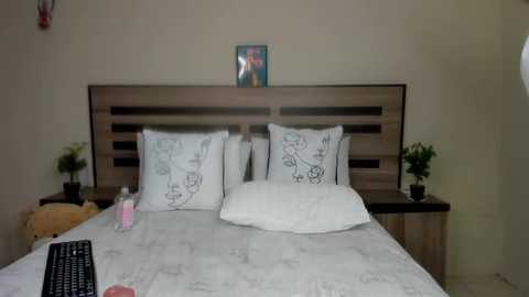 Media: Video of a minimalist bedroom with a wooden headboard, two white pillows with floral embroidery, a white duvet, a black keyboard on the bed, and green potted plants on either side.