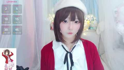 Media: Video of a young Asian woman with straight black hair, wearing a white beret, red cardigan, and white blouse with black bow. Background features soft pastel curtains and fairy lights, creating a whimsical, romantic atmosphere.