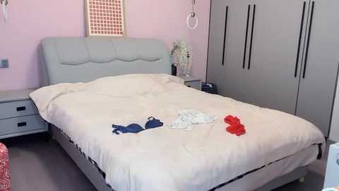 Media: A video of a neatly made bed in a pastel pink bedroom with a light gray headboard, featuring a white duvet, a red bra, blue bra, and white panties laid out.