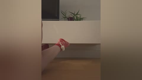 Media: Video of a woman's legs wearing red, white-patterned socks, lying on a wooden floor. A white cabinet and potted plants are in the background, creating a cozy, minimalist interior setting.