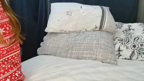 Media: Video of a cozy bedroom with a woman in a red, white-patterned sweater standing beside a bed with white and gray plaid pillows, dark floral-patterned pillowcases, and a navy blue curtain backdrop.