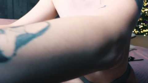 Media: Video of a close-up, tattooed arm with a blue geometric design and a silver necklace, against a blurred background featuring a Christmas tree with golden lights.