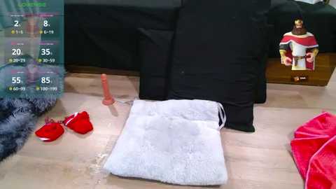 Media: Video of a messy bedroom floor with a white towel, red lingerie, a pink dildo, and a figurine of a man in a red and white outfit.