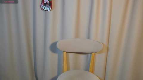 Media: A video of a minimalist chair with light wooden legs and a beige cushioned seat, positioned against a plain beige curtain. The chair casts a soft shadow on the curtain.