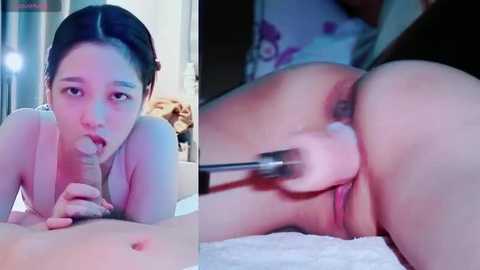 Media: Video of a young Asian woman with dark hair, small breasts, and light skin, performing oral sex on a man. She is on a bed, and the room is dimly lit.