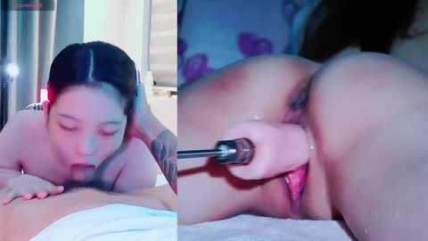 Media: A video shows a woman with fair skin and dark hair, performing oral sex on a man, using a vibrator on her own vulva.