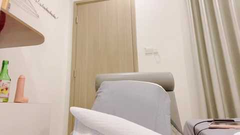 Media: A video of a hospital room with a beige chair, a wooden door, white walls, a green plant, and a light-colored curtain.