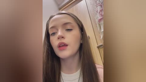 Media: A video of a young Caucasian woman with straight brown hair, wearing a white top, looking seductively into the camera, standing in a bathroom with light wood cabinets and floral towels.